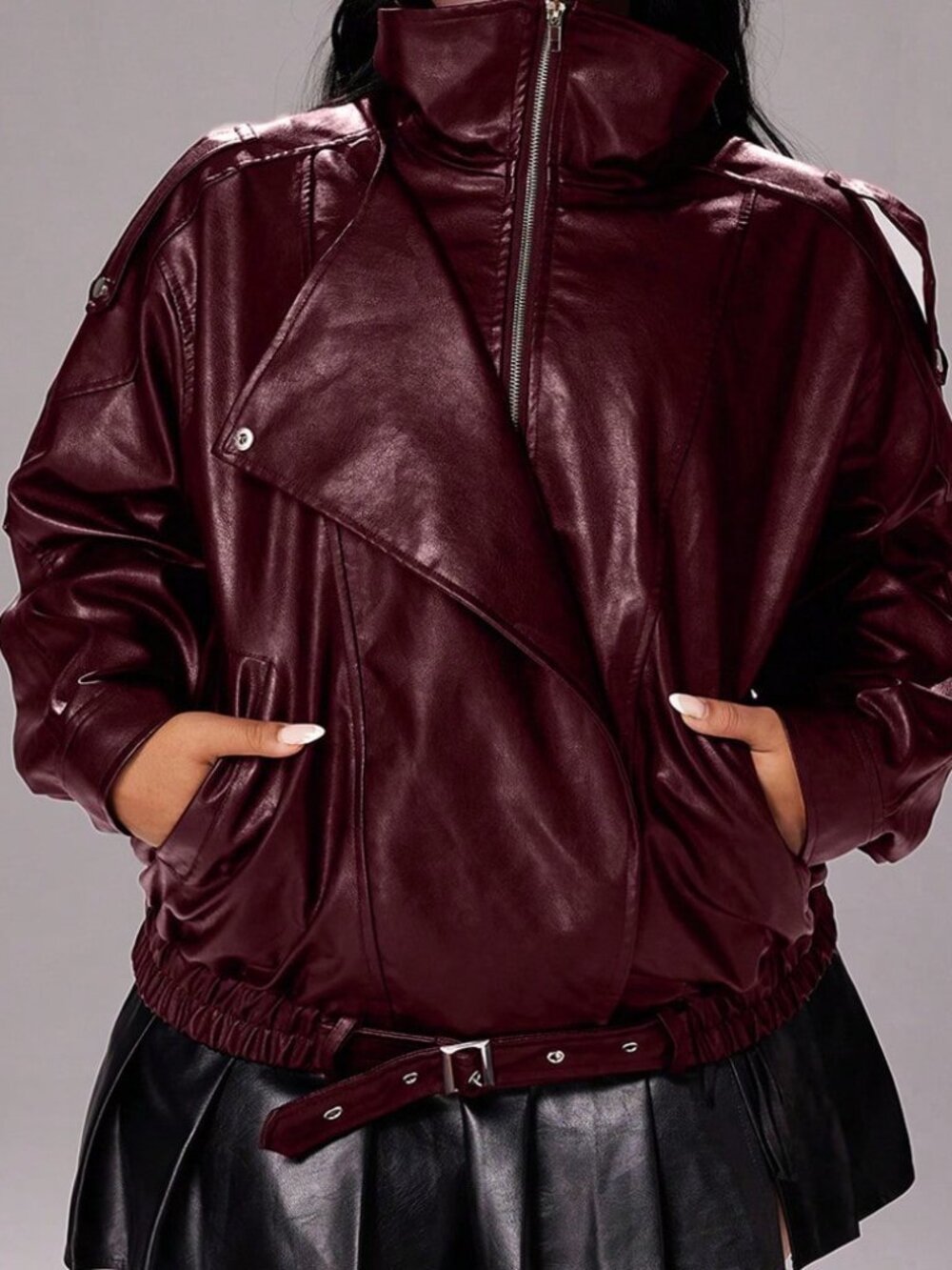 Burgundy Casual Women's Street Style Loose Fit Motorcycle Faux Leather Jacket